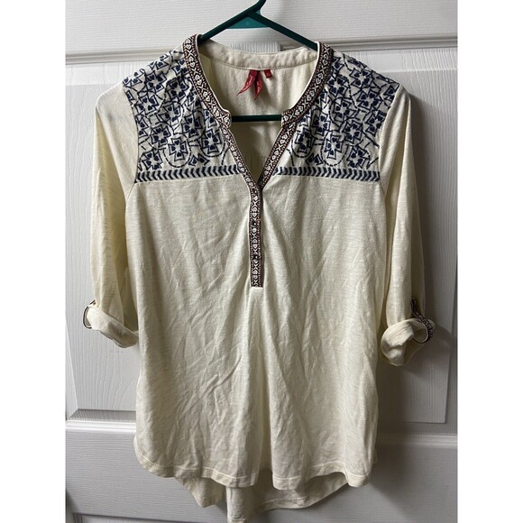 Red Camel Peasant Top Womens Size L Off White Boho  V Neck Burner Embroidered - Picture 2 of 4